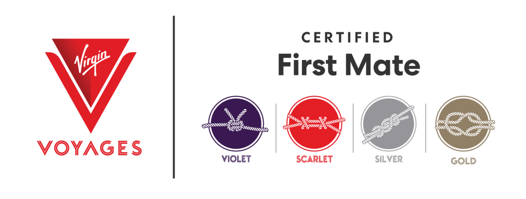 Logo of Virgin Voyages featuring a red V and the text 'Certified First Mate' with colored badges representing levels: Violet, Scarlet, Silver, and Gold.