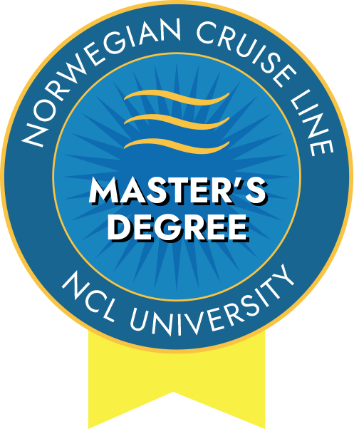 Badge representing a Master's Degree from Norwegian Cruise Line University, featuring a blue circular design with the text 'MASTER'S DEGREE' and waves.