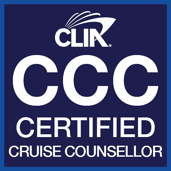 CLIA Certified Cruise Counsellor logo featuring the letters 'CCC' in bold white on a blue background with a graphic of a cruise ship.